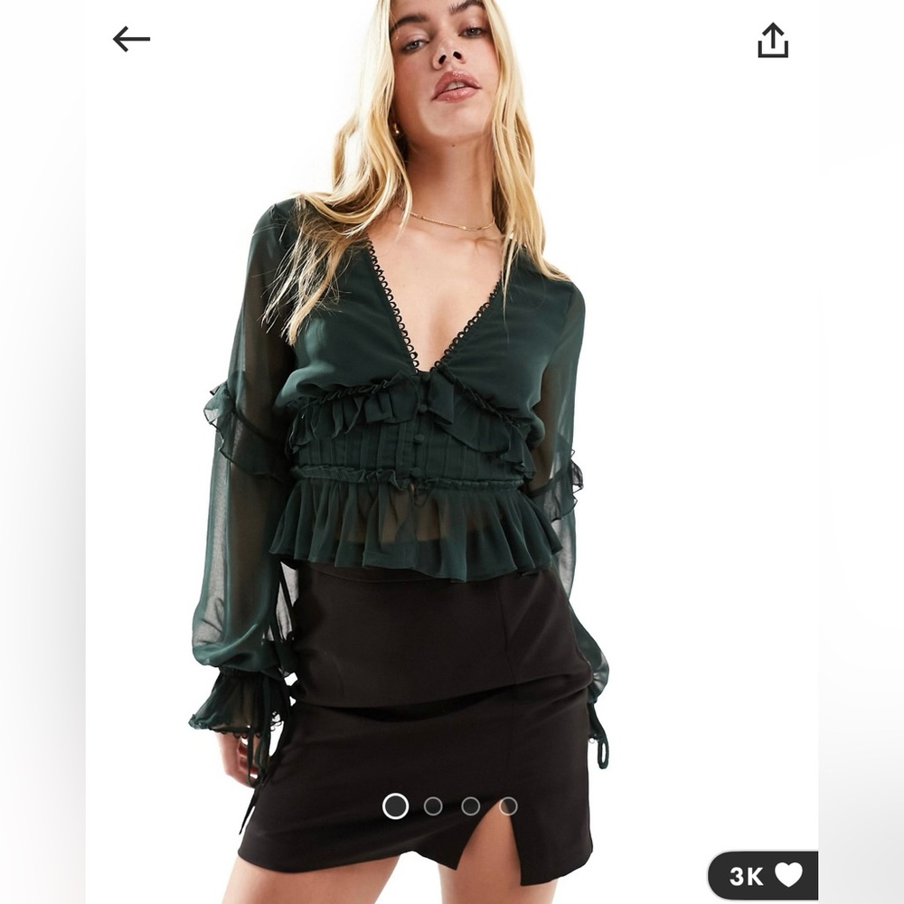Dark green sheer ruffle blouse with button and tie detailing in center